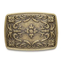 Chapa Vaquera Rectangular Para Cinturón Metal Dorado Vintage Con Grabado Floral
