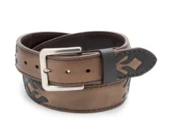 Cintur贸n Vaquero Cuero Marr贸n Engrasado Con Dise帽o Charro En Negro Y Bordados