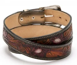 Cinto De Cuero Grabado Multicolor Con Filigranas Florales Estilo Vaquero