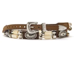 Cinta De Cuero Marrón Para Sombrero Western Con Cuentas De Hueso Tallado Y Conchos