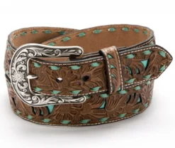 Cinturón Para Jeans Piel Vacuno Color Coñac Con Trenzado Cuero Turquesa