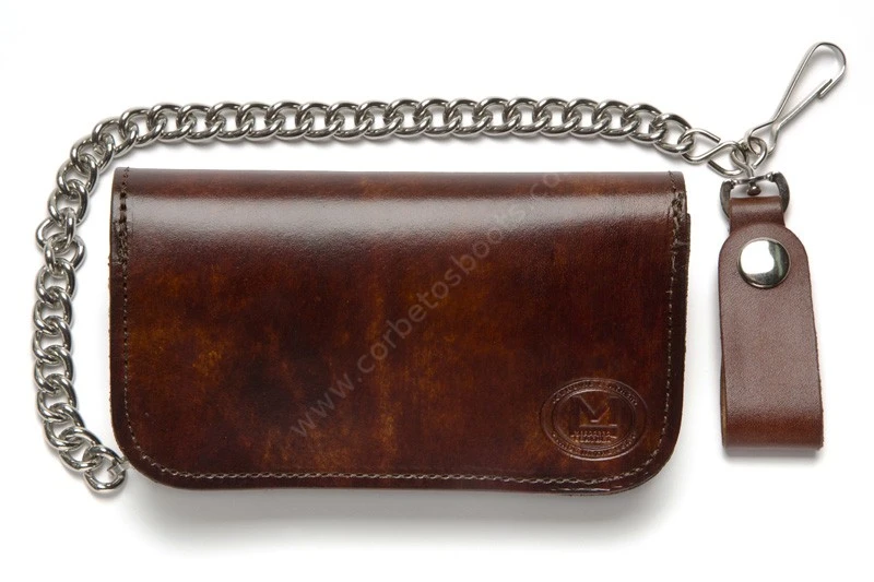 Cartera Motorista Mediana Con Cadena Piel Envejecida Marrón Con águila Grabada