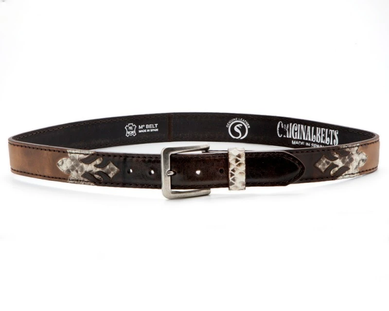 Cinturón Moda Vaquera Combinación Piel Marrón Envejecida Y Engrasada Con Piel De Pitón 6 Cinturón Moda Vaquera Combinación Piel Marrón Envejecida Y Engrasada Con Piel De Pitón - Imagen 6