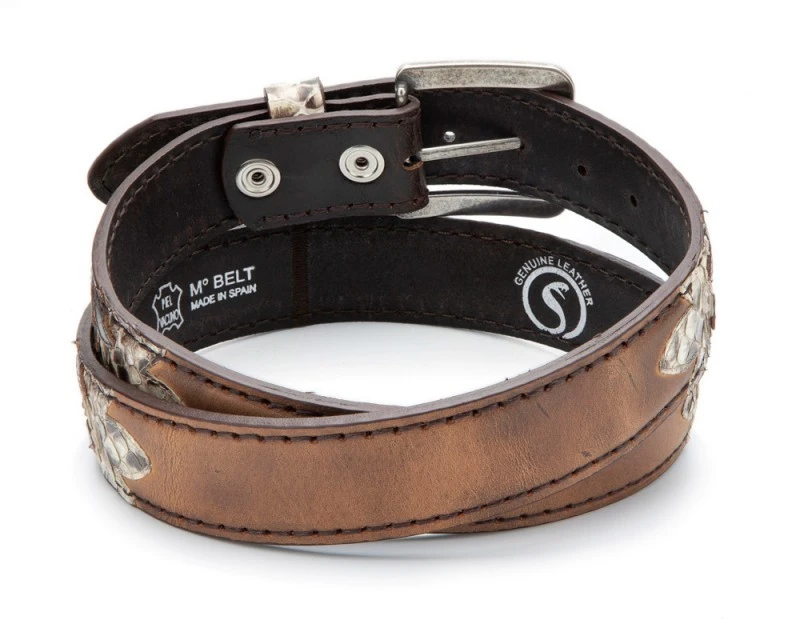 Cinturón Moda Vaquera Combinación Piel Marrón Envejecida Y Engrasada Con Piel De Pitón 1 Cinturón Moda Vaquera Combinación Piel Marrón Envejecida Y Engrasada Con Piel De Pitón