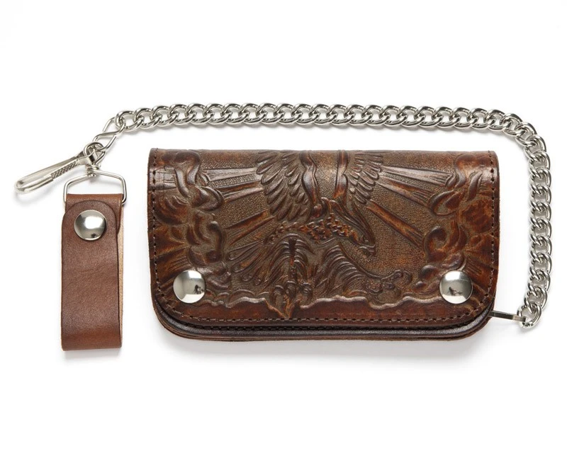 Cartera Con Cadena Cuero Vintage Marrón Con Grabado águila Volando 1 Cartera Con Cadena Cuero Vintage Marrón Con Grabado águila Volando