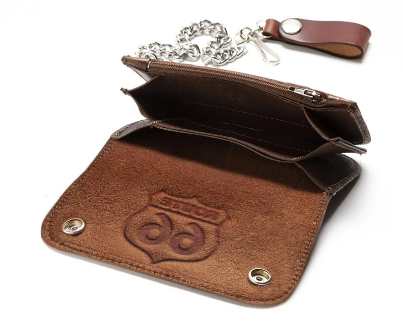 Cartera Cuero Desgastado Marrón Con Cadena Logo Ruta 66