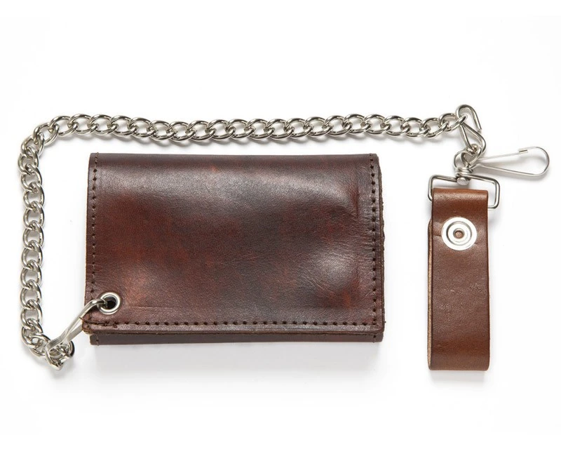 Cartera Cuero Marrón Envejecido Sin Corchetes Visibles Con Cadena