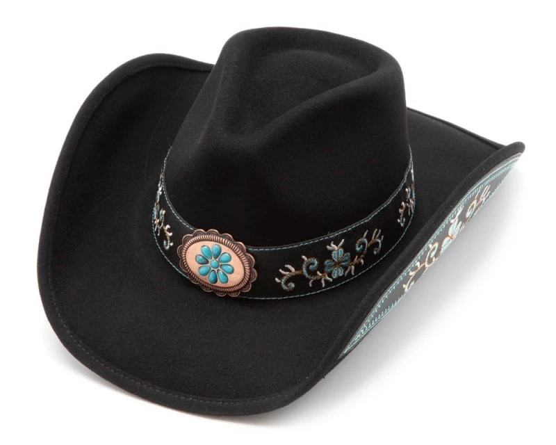 Sombrero Fieltro Negro Bordado Azul Turquesa Y Chapa Floral Decorativa 1 Sombrero Fieltro Negro Bordado Azul Turquesa Y Chapa Floral Decorativa