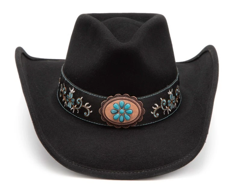 Sombrero Fieltro Negro Bordado Azul Turquesa Y Chapa Floral Decorativa 4 Sombrero Fieltro Negro Bordado Azul Turquesa Y Chapa Floral Decorativa - Imagen 4