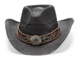 Sombrero Paja Negra Calada Cinta De Cuero Bordada Y Concho Decorativo -Moda Complementos Tienda Brenda 2
