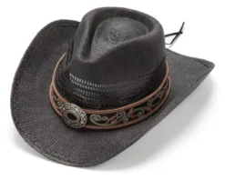 Sombrero Paja Negra Calada Cinta De Cuero Bordada Y Concho Decorativo -Moda Complementos Tienda Brenda