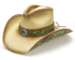 Sombrero Country Para Mujer Paja Natural Con Bordados Y Piedra Verde -Moda Complementos Tienda Dolly