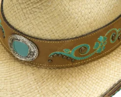 Sombrero Country Para Mujer Paja Natural Con Bordados Y Piedra Verde