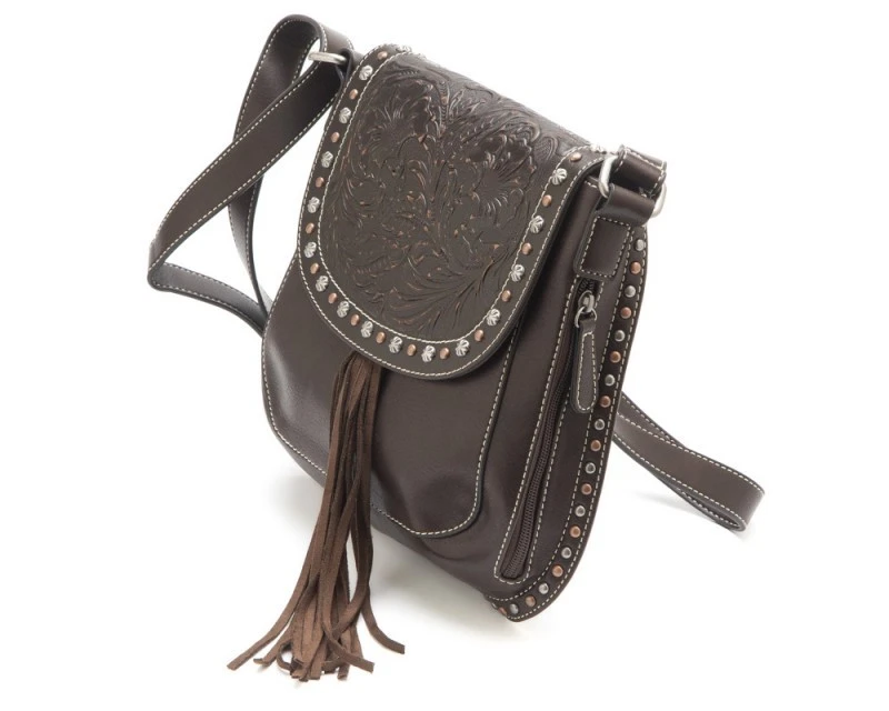 Bolso Cruzado Cowgirl Marrón Oscuro Con Solapa Grabada Y Tachuelas Decorativas 3 Bolso Cruzado Cowgirl Marrón Oscuro Con Solapa Grabada Y Tachuelas Decorativas - Imagen 3
