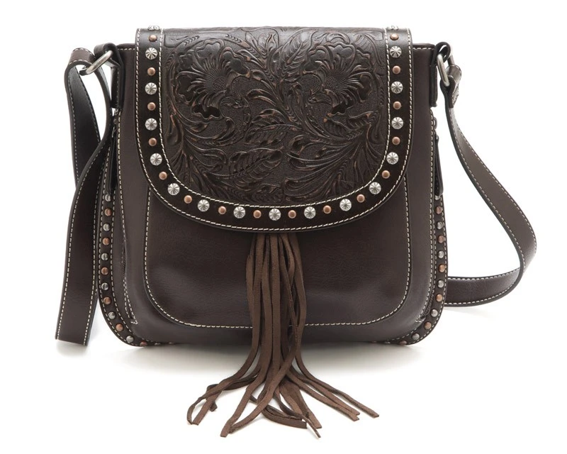 Bolso Cruzado Cowgirl Marrón Oscuro Con Solapa Grabada Y Tachuelas Decorativas 2 Bolso Cruzado Cowgirl Marrón Oscuro Con Solapa Grabada Y Tachuelas Decorativas - Imagen 2