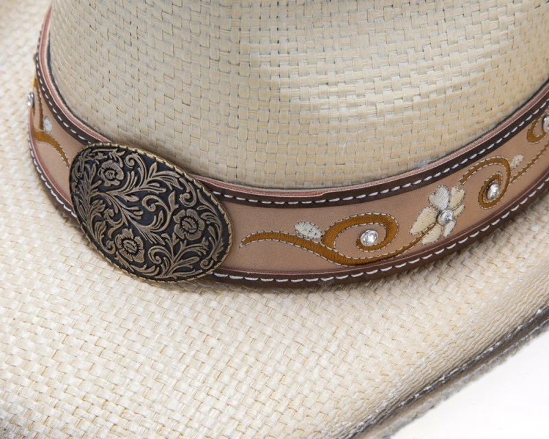 Sombrero Cowgirl Paja Rígida Natural Para Mujer Con Dibujo Floral Cosido Y Grabado En Cuero 2 Sombrero Cowgirl Paja Rígida Natural Para Mujer Con Dibujo Floral Cosido Y Grabado En Cuero - Imagen 2