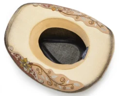 Sombrero Cowgirl Paja Rígida Natural Para Mujer Con Dibujo Floral Cosido Y Grabado En Cuero